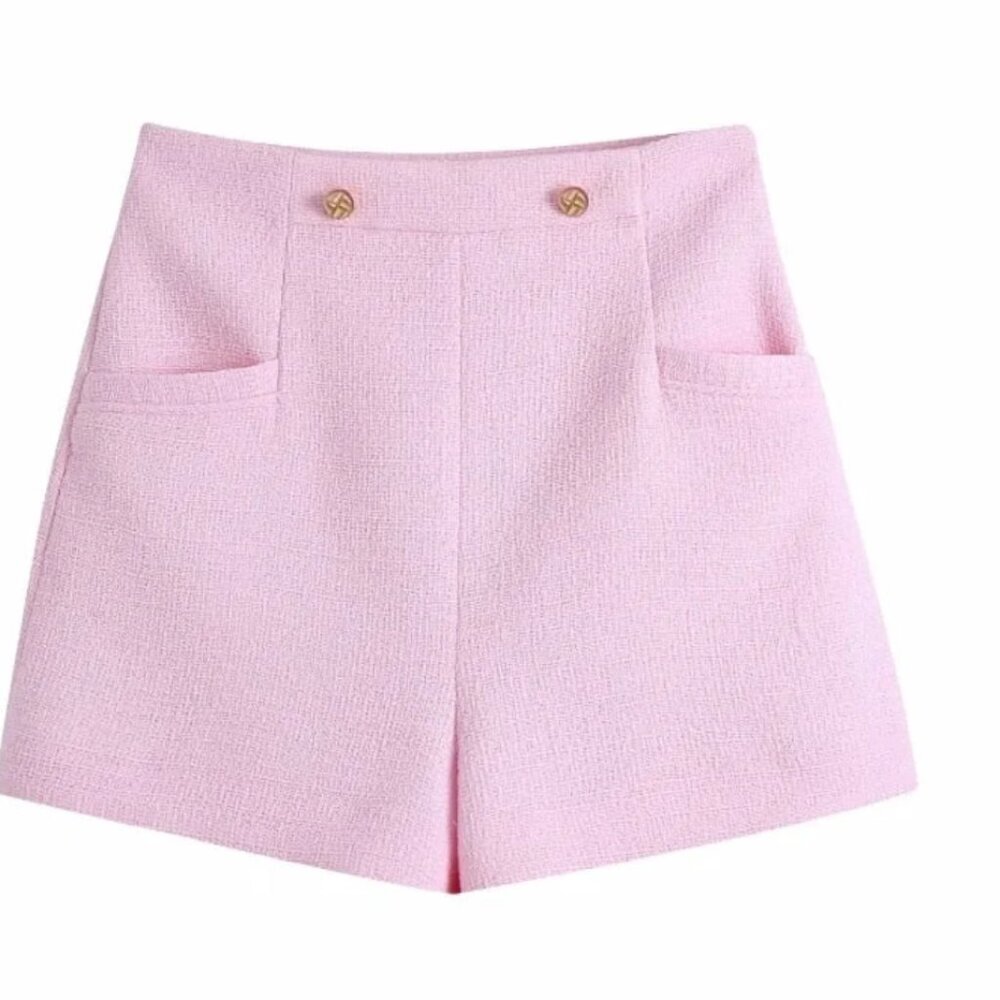 Zara Pink Tweed High-Waisted Shorts with Gold Buttons, Size S NEW WITH TAG!